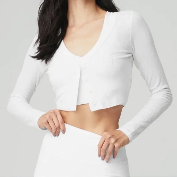 ALO Yoga Ribbed Cropped Cardigan White - Picture 1 of 6